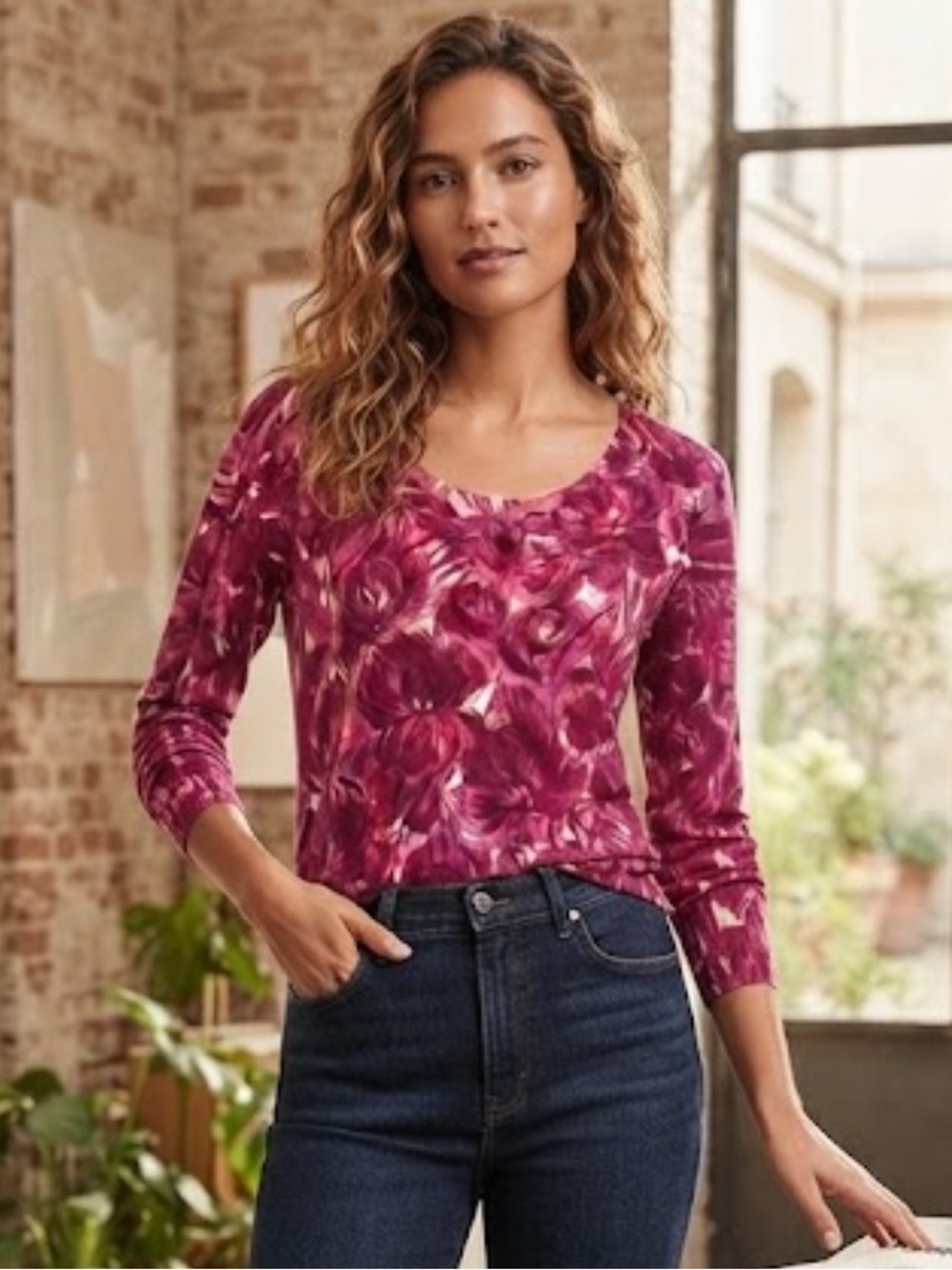 Talbots Magenta Cream Abstract Floral Scoop Neck Knit Sweater